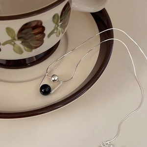 Minimalist 925 sterling silver snake chain necklace with black onyx and silver beads