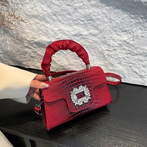 Luxury Crocodile Pattern PU Leather Handbag Rhinestone Square Buckle Shoulder Bag With Scrunchie Handle Crossbody Small Purse