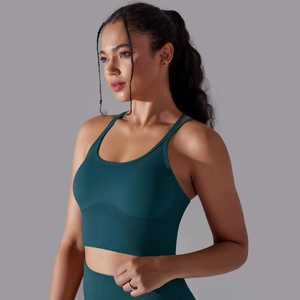Détail du soutien-gorge de sport sans couture bleu sarcelle à doubles bretelles
