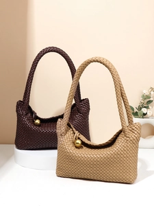 Retro handmade woven tote bags in brown and beige leather with golden ball charms