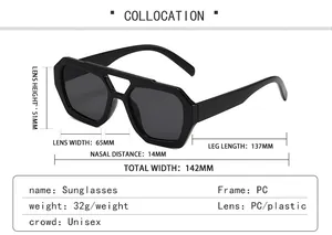 Detailed size specifications for 2024 irregular double-bridge sunglasses showing PC frame dimensions