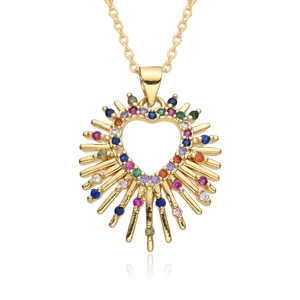 Golden heart-shaped MOM necklace with colorful rhinestones on a white background