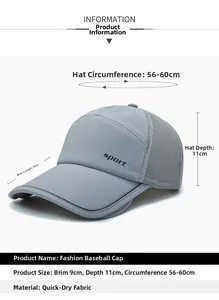 Detail view of the gray quick-dry baseball cap with 9cm brim and breathable mesh