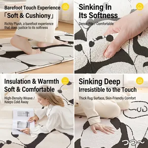 Thick plush bedroom rug with black and white panda pattern and soft velvet texture