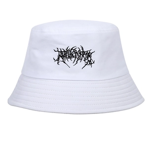 White Gothic street punk bucket hat with black metal-style embroidery and cotton twill texture