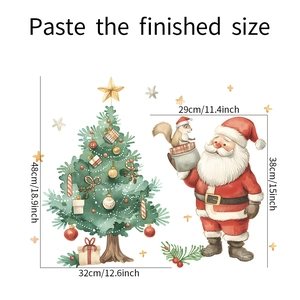 Detailed view of watercolor Christmas tree and Santa wall decals with size specifications