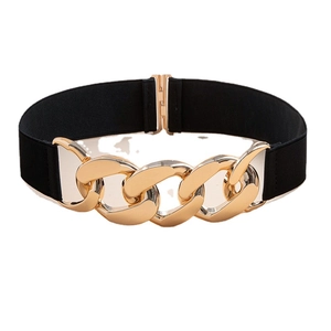 Women's black elastic waist belt with decorative chunky gold metal chain buckle