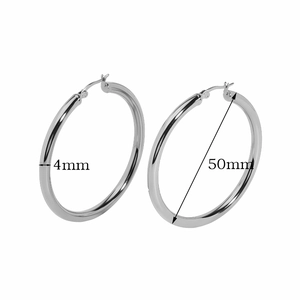 Detailed view of silver hoop earrings with 50mm diameter and 4mm tube thickness