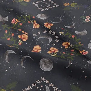 Bohemian moon phase tapestry with stars and floral prints on soft gray fabric