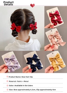 Detailed size chart for kids fabric bow clips showing dimensions and color options