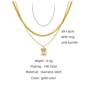 Zweilagige Edelstahlhalskette mit 14K Goldbeschichtung und Champagner Kristallanhänger