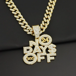 Hip Hop Iced Out No Days Off Buchstaben Anhänger Halskette Legierung Strass Bling Cuban Kette Für Herren Damen