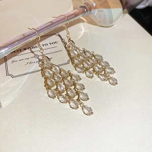 Macro detail of elegant gold-toned drop fringe earrings with sparkling crystal beads