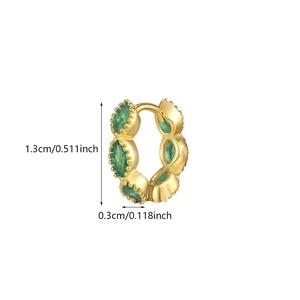 Detailed size measurement of gold hoop earrings featuring vibrant green crystal stones