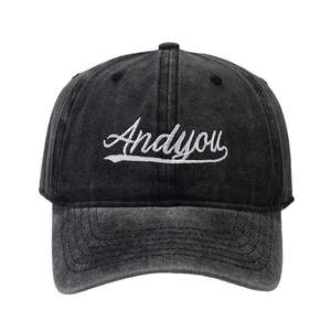 Vintage washed black cotton baseball cap with white Andyou embroidery and curved brim