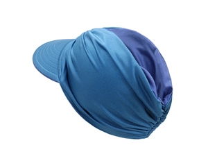 Detailed back view of a blue sun hat showing the elastic fabric texture and wide brim