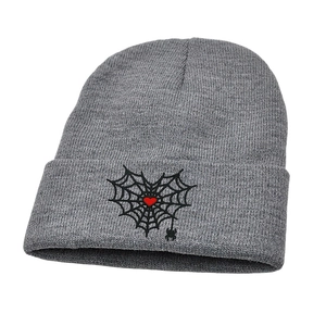 Grey knit beanie featuring gothic spider web and red heart embroidery for winter style