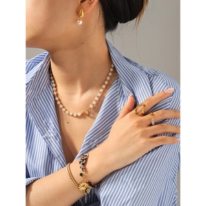 Women's 18k gold plated twisted earrings and pearl necklace set with trendy rings