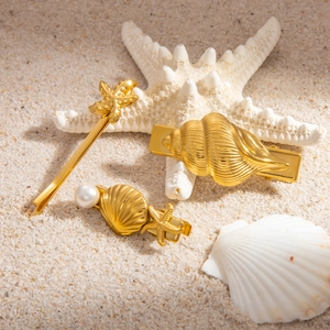 Ocean Shell Starfish Hair Clips Stainless Steel 18K Gold Plated With Artificial Pearl Summer Beach Fashion Accessories For Women