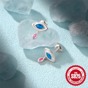 S925 sterling silver evil eye stud earrings with blue and pink cubic zirconia crystals