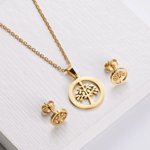 Parure de bijoux dorée en acier inoxydable avec collier pendentif arbre de vie et boucles