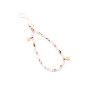 Detail of pink and white handmade beaded phone charm with a golden star pendant accessory