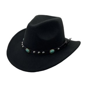 Black wool felt cowboy hat featuring silver studs and turquoise gemstone accent band