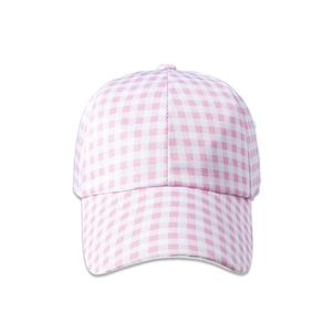 Detailed view of pink and white gingham baseball cap with a classic six-panel structure
