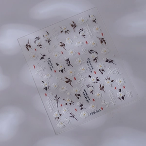 5D embossed white camellia nail art stickers with elegant Chinese calligraphy design