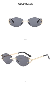 Frameless rimless diamond-cut sunglasses with gold metal frame and black lenses in multiple views