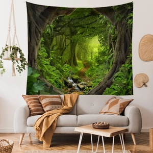 Detailed view of forest landscape tapestry hanging on a modern living room wall
