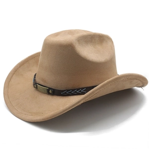 Detailed close-up of brown suede cowboy hat with vintage ethnic patterned headband