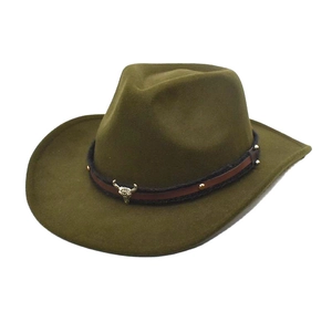 Detail of olive green cowboy hat with leather band and steer skull metal accessory