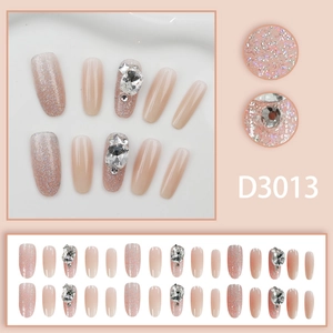 French almond cat-eye press-on nails with pink gradient, silver glitter and rhinestones