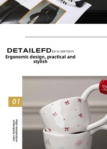 Macro shot of ceramic coffee mug featuring red bow patterns and high-temperature underglaze