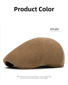 Close-up of khaki wool beret showing premium fabric texture and fine stitching detail