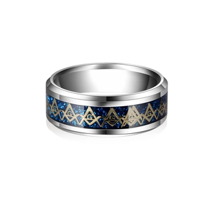 Men's stainless steel Masonic ring with blue glitter inlay and golden emblem