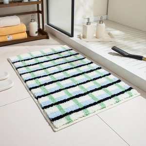 Tapis De Bain Épais Peluche Absorbant Antidérapant Lavable En Machine À Carreaux Pastoral Entrée De Douche