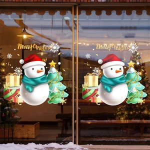 Christmas snowman window stickers with tree and Merry Christmas gold lettering decor