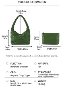 Handwoven green PU leather hobo bag set with dimensions and product specifications
