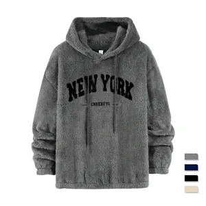 Felpa con cappuccio oversize da uomo in pile sherpa con ricamo New York e peluche