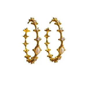 Vintage gold plated earrings with pearls, tiger eye stones, and sparkling zircon accents
