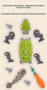 Detail of DIY dinosaur egg toy assembly set showing green parts and screwdriver
