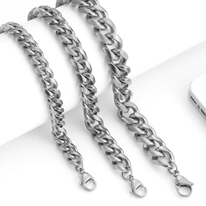 Three sizes of silver titanium steel Cuban link chains with secure lobster clasps