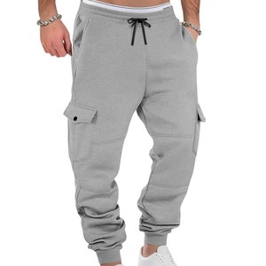 Men fleece cargo joggers in light grey featuring drawstring waist and side utility pockets
