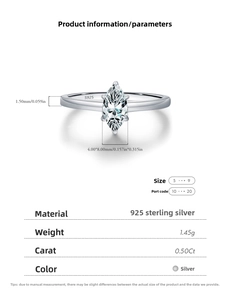 Detailed size parameters of 0.50ct marquise cut moissanite and S925 sterling silver ring