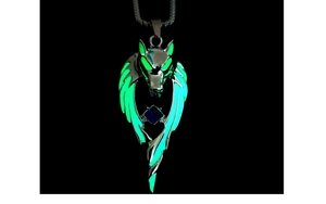 Luminous wolf head pendant with wings featuring green glow and blue square gemstone