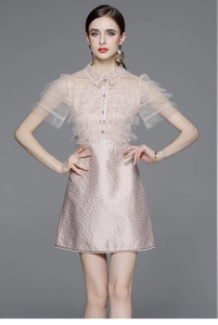 Detailed view of pink sequined lace collar and layered mesh sleeves of high-waist dress