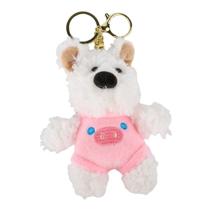 Cute white Westie plush dog keychain wearing pink pig pajamas with golden clasp for bags