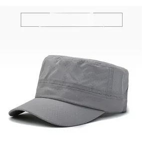 Detailed view of dark grey flat top military cap with breathable perforated mesh fabric